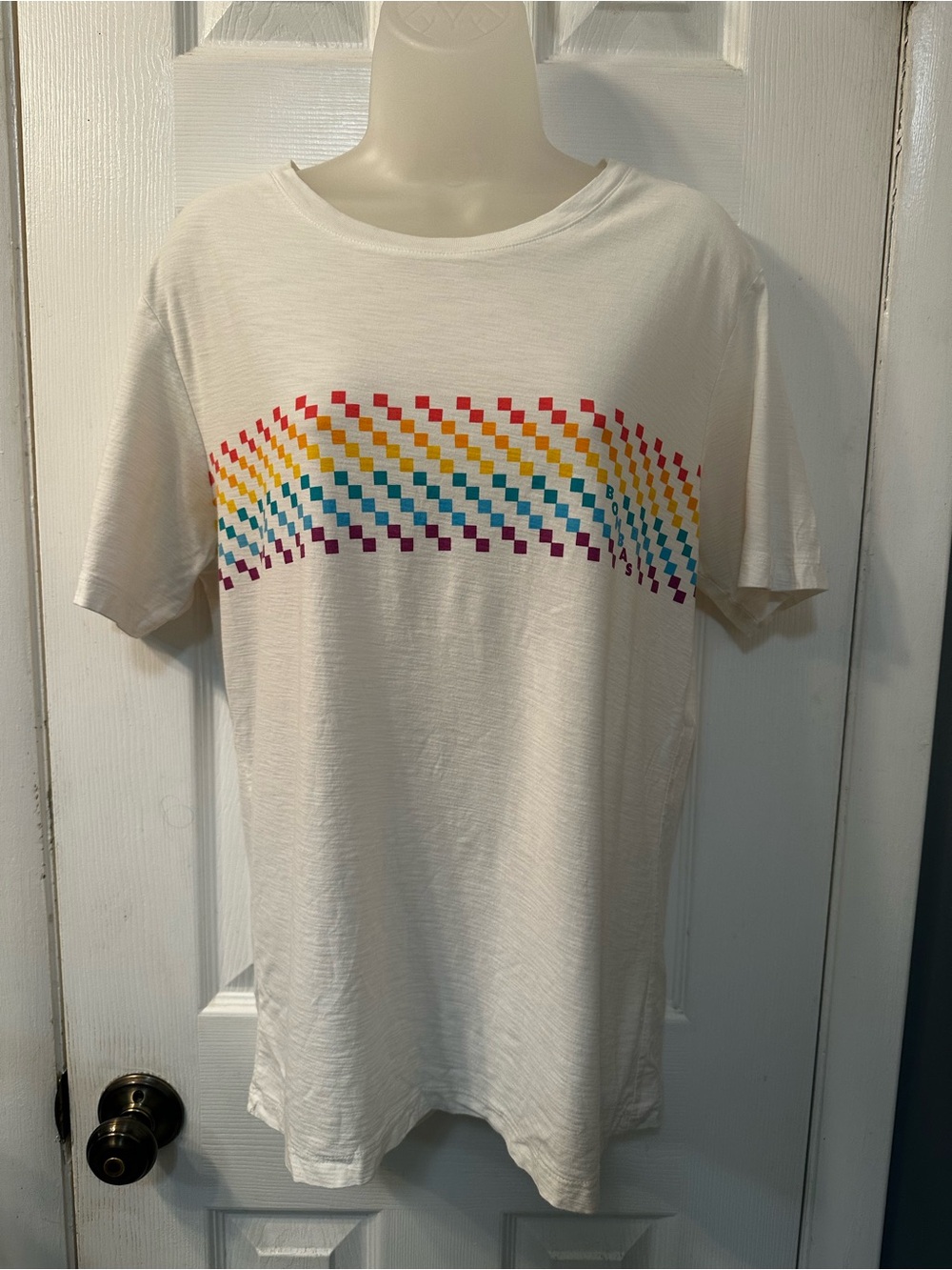 White unisex graphic  Tee with Rainbow Checker Stripe